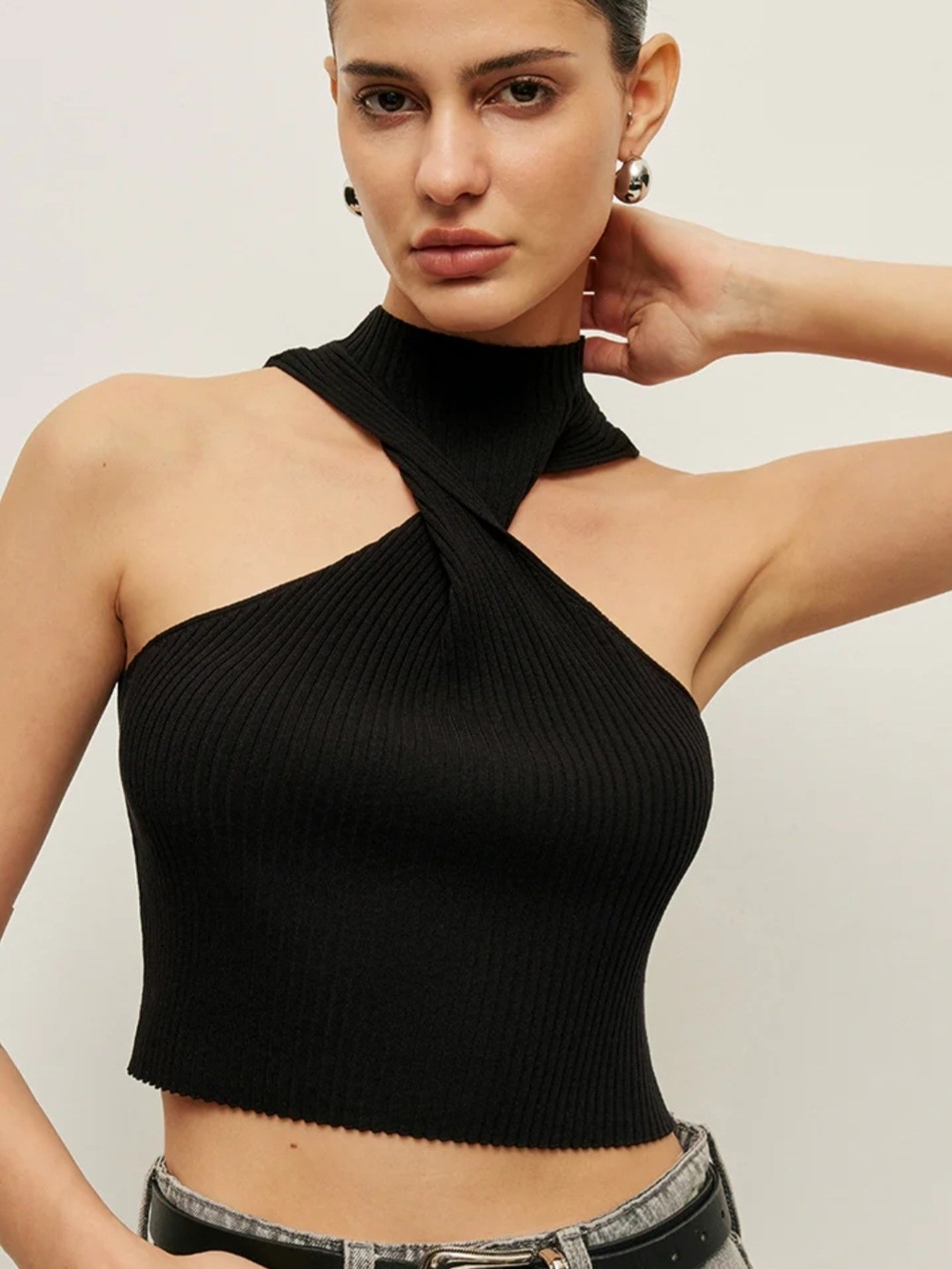 Black Ribbed Cross-Neck Crop Top